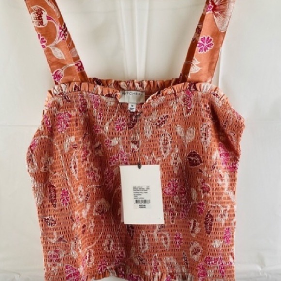 WITCHERY Pink Floral Shirred Frill Square Neckline Cropped Tank Top Size L - Picture 3 of 6
